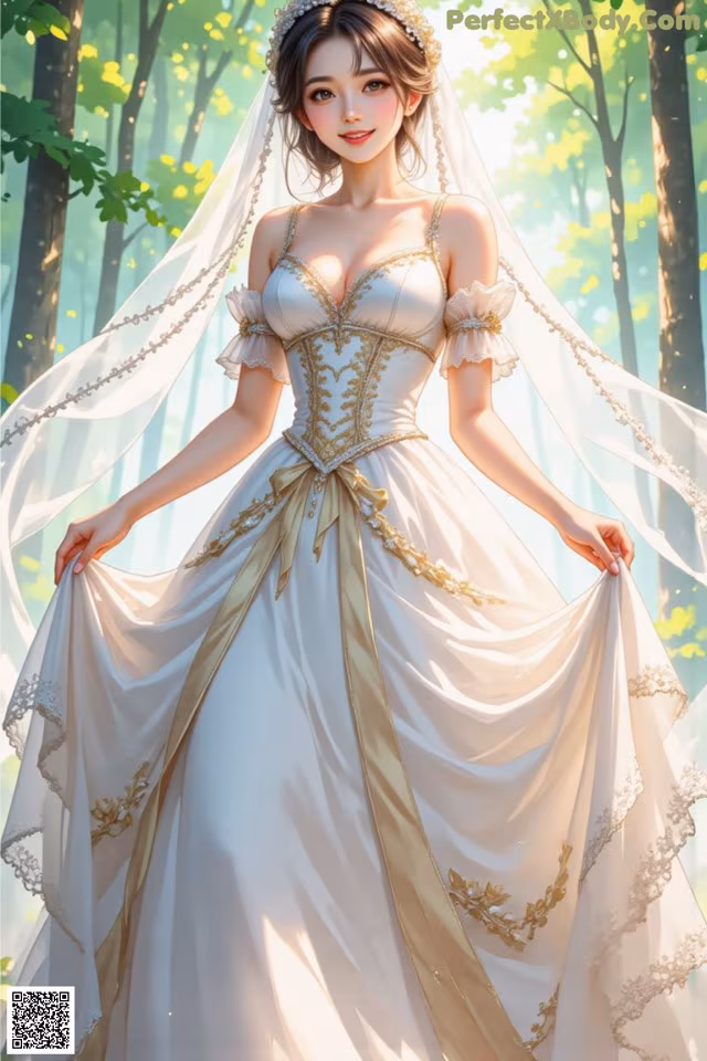 A woman in a wedding dress standing in the woods.
