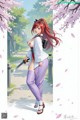 A woman with long red hair stands outdoors, holding a sword, surrounded by cherry blossoms.