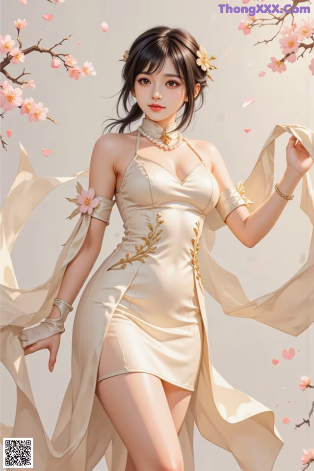 A woman in a white dress standing in front of a tree.