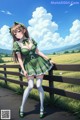 A girl in a green dress leaning on a fence.